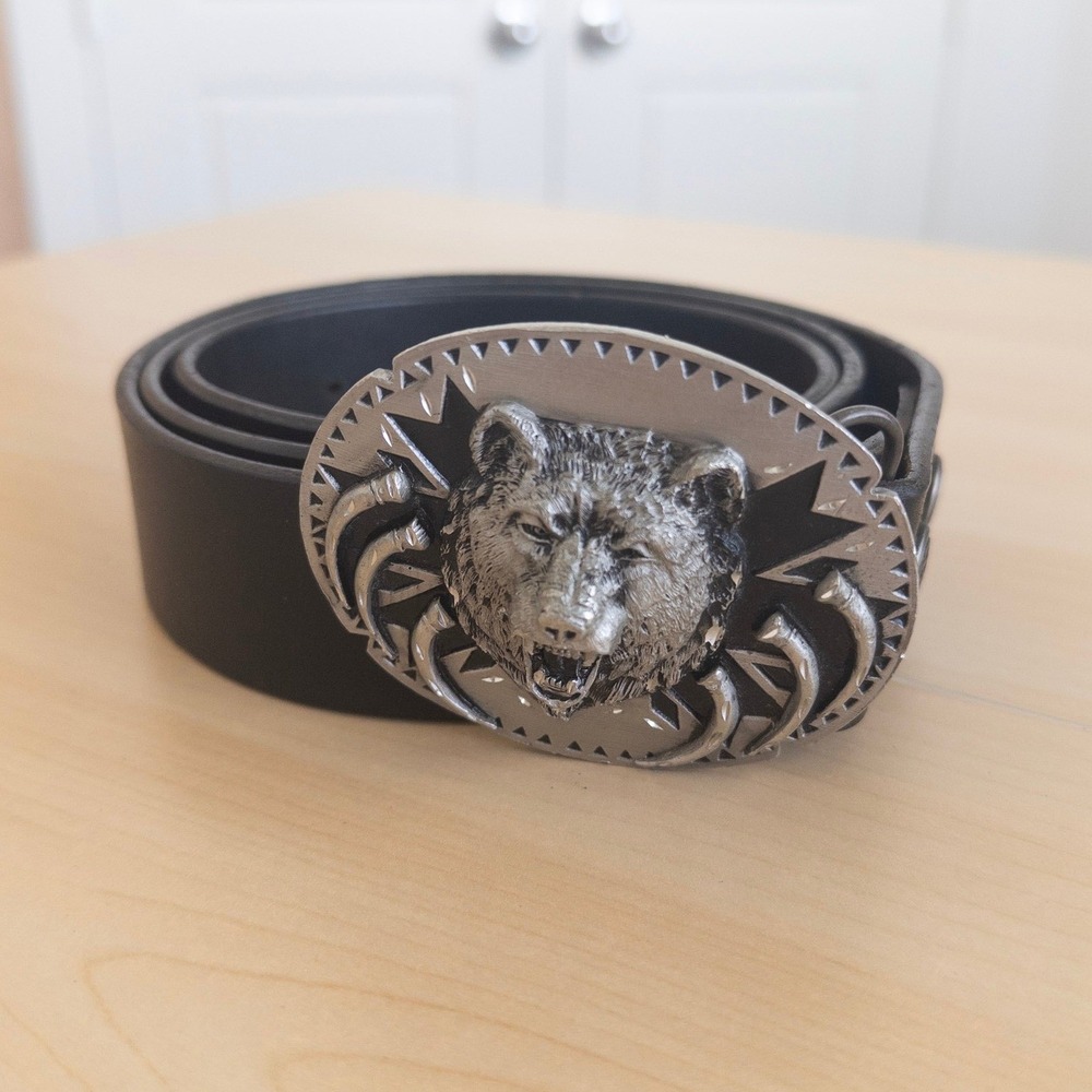 Vintage Lee River Mens Leather Belt XL Black Siskiyou Grizzly Bear Buckle 1991